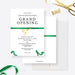 Editable green ribbon grand opening invitation with gold-effect scissors, black event details and a white envelope-front-back