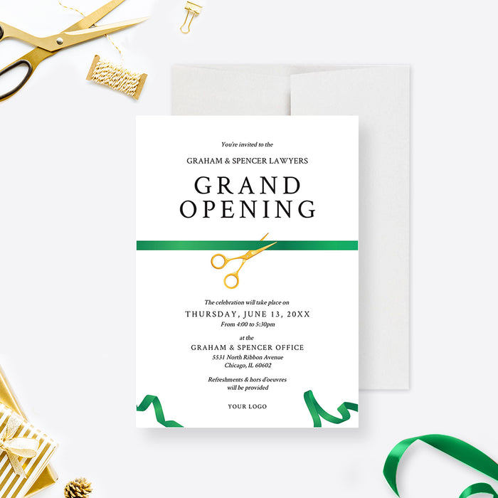 Editable green ribbon grand opening invitation with gold-effect scissors, black event details and a white envelope-front