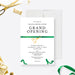 Editable green ribbon grand opening invitation with gold-effect scissors, black event details and a white envelope-front