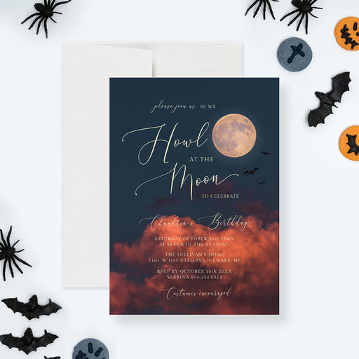 editable Halloween party invitation template with full moon, flying bats, dark night sky, and custom party wording