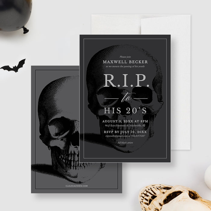 RIP to His 20s birthday invitation template with a black skull and editable milestone wording-front-back