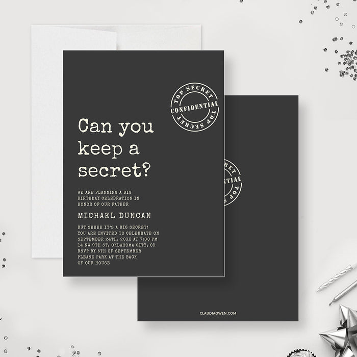 Top secret spy birthday invitation template with a confidential stamp and editable event details-front-back