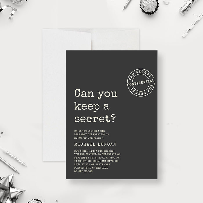 Top secret spy birthday invitation template with a confidential stamp and editable event details-front