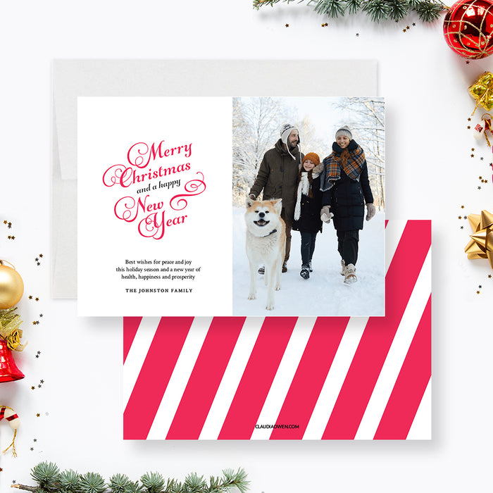 Elegant Christmas photo card template featuring white background, red script Merry Christmas and a Happy New Year greeting, family winter photo and modern minimalist layout