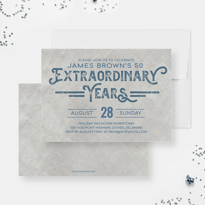 Extraordinary Years birthday invitation front and coordinating textured gray back.