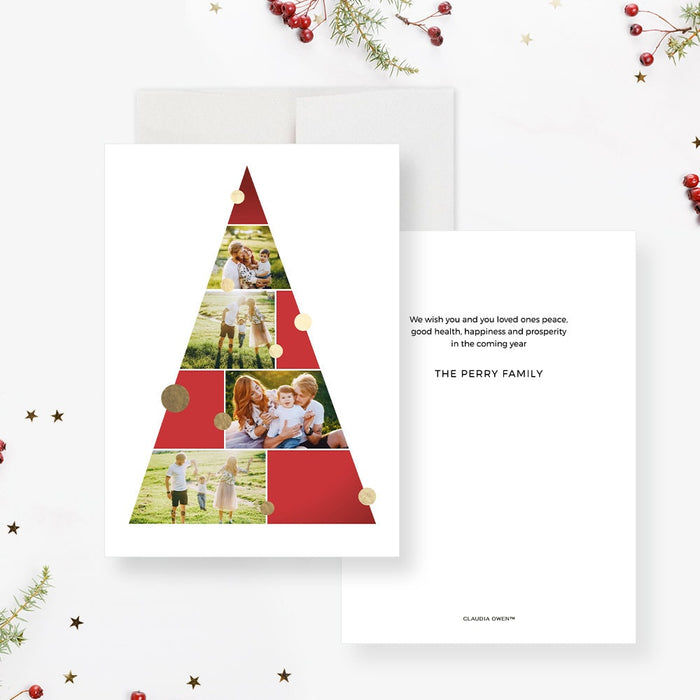Family photo Christmas card template featuring a cute Christmas tree design and customizable holiday greeting text in a clean modern layout.