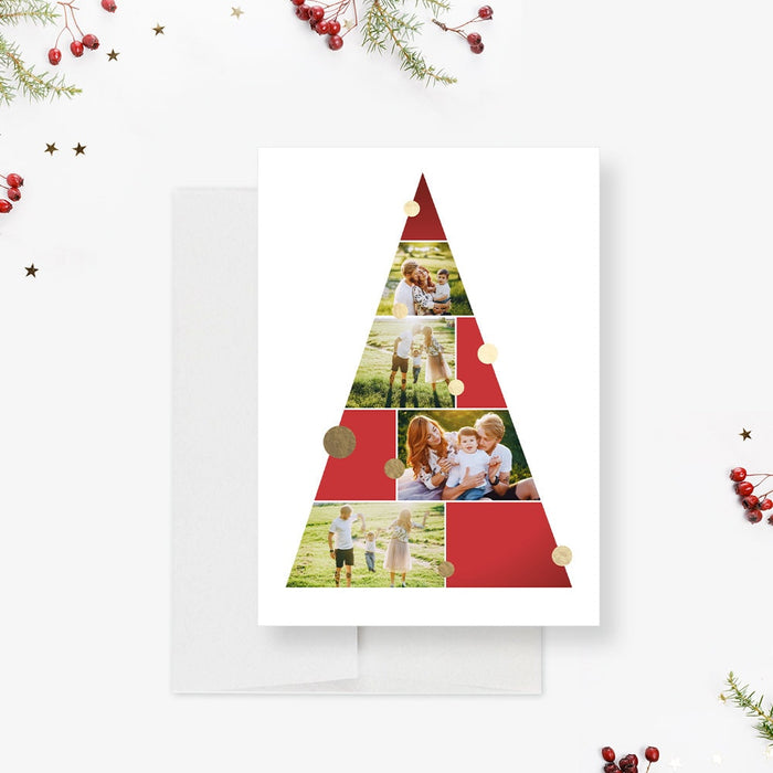 Family photo Christmas card template featuring a cute Christmas tree design and customizable holiday greeting text in a clean modern layout.