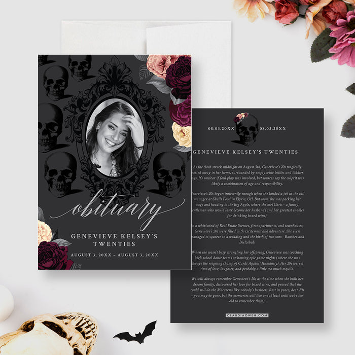 Fun obituary birthday invitation card with gothic black frame, skull illustrations, floral accents, and a photo space for celebrating the funeral of your youth.