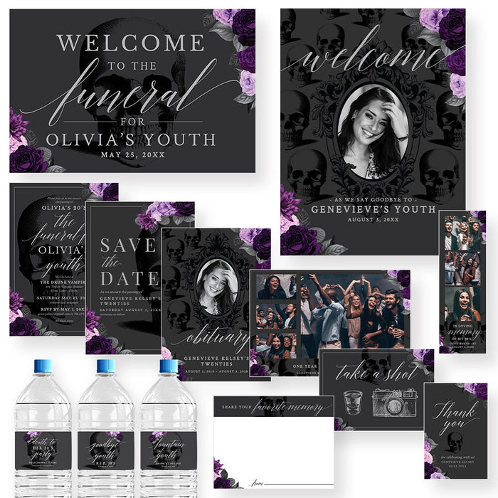 A collection of digital birthday party invitation templates and accessories with a gothic skull and purple flowers design, including save the date cards, gift tags, welcome signs, obituaries, photo booth cards, water bottle labels, and more.