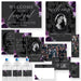 A collection of digital birthday party invitation templates and accessories with a gothic skull and purple flowers design, including save the date cards, gift tags, welcome signs, obituaries, photo booth cards, water bottle labels, and more.