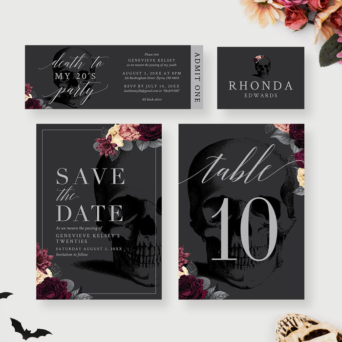 Complete Death to My Twenties stationery suite with matching invitation, RSVP, menu card, place card, thank you card, table number, ticket, favor tag, sticker, and welcome sign in floral design.