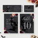 Complete Death to My Twenties stationery suite with matching invitation, RSVP, menu card, place card, thank you card, table number, ticket, favor tag, sticker, and welcome sign in floral design.