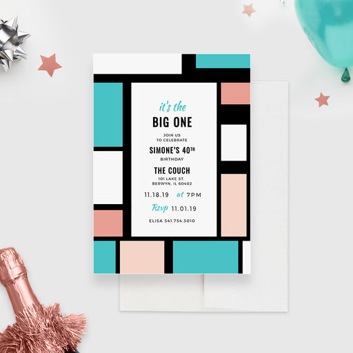 Modern birthday invitation with turquoise coral white and black geometric color blocks.
