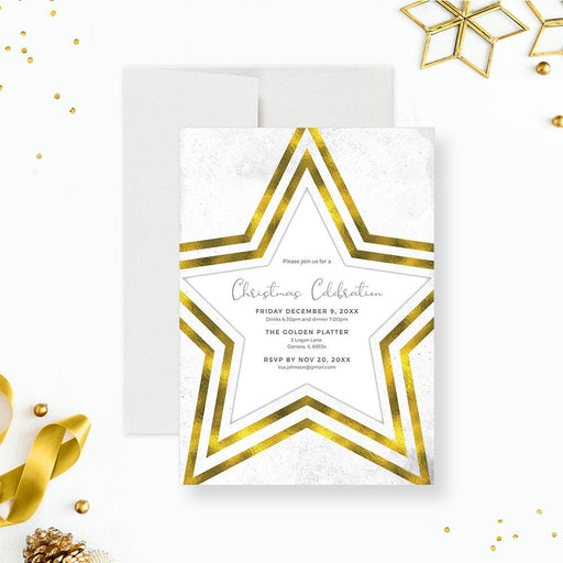 Gold star holiday party invitation template featuring elegant gold stars on a modern layout, editable digital Christmas invite for business or corporate events.