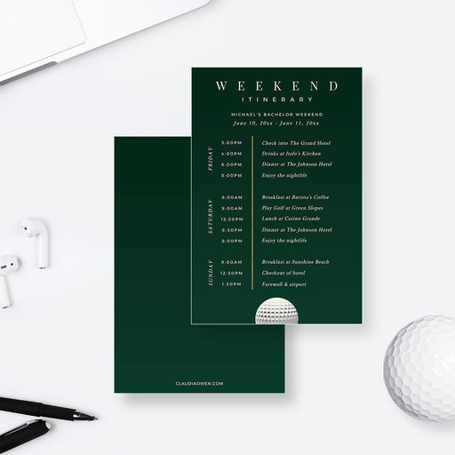 Golf weekend itinerary printed card in deep green with gold accents showing a friday to sunday schedule