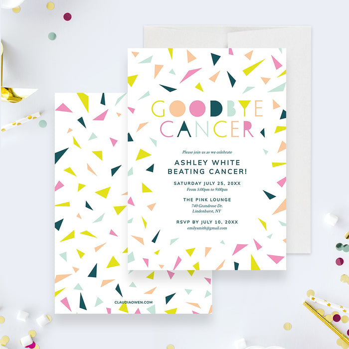 Colorful Goodbye Cancer celebration invitation template with geometric confetti and personalized cancer-free celebration details-front-back