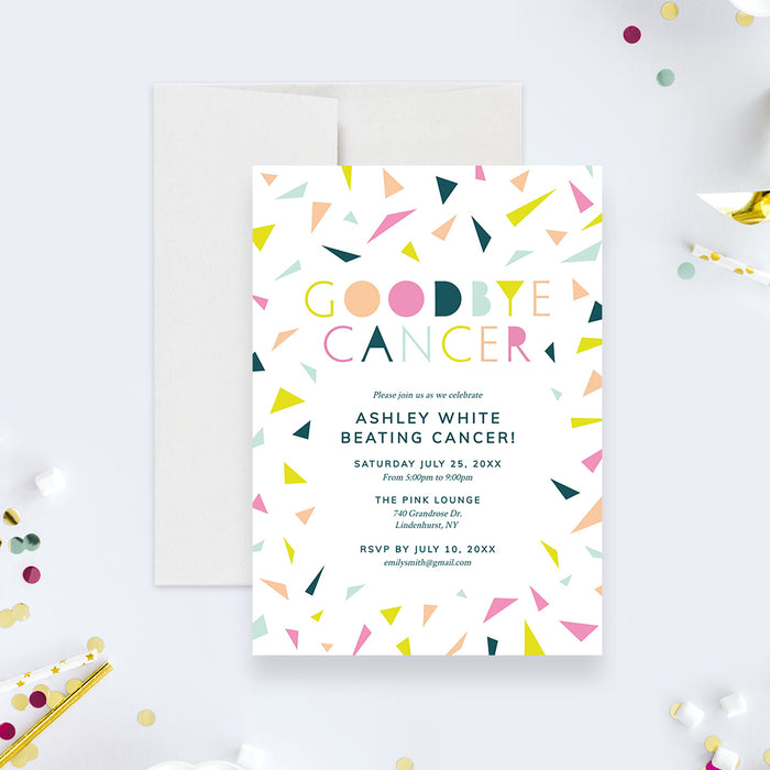 Colorful Goodbye Cancer celebration invitation template with geometric confetti and personalized cancer-free celebration details-front