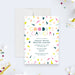 Colorful Goodbye Cancer celebration invitation template with geometric confetti and personalized cancer-free celebration details-front