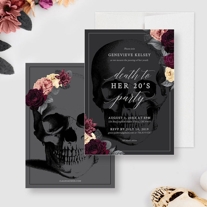 Gothic Death to My 20s birthday invitation featuring skull and moody flowers