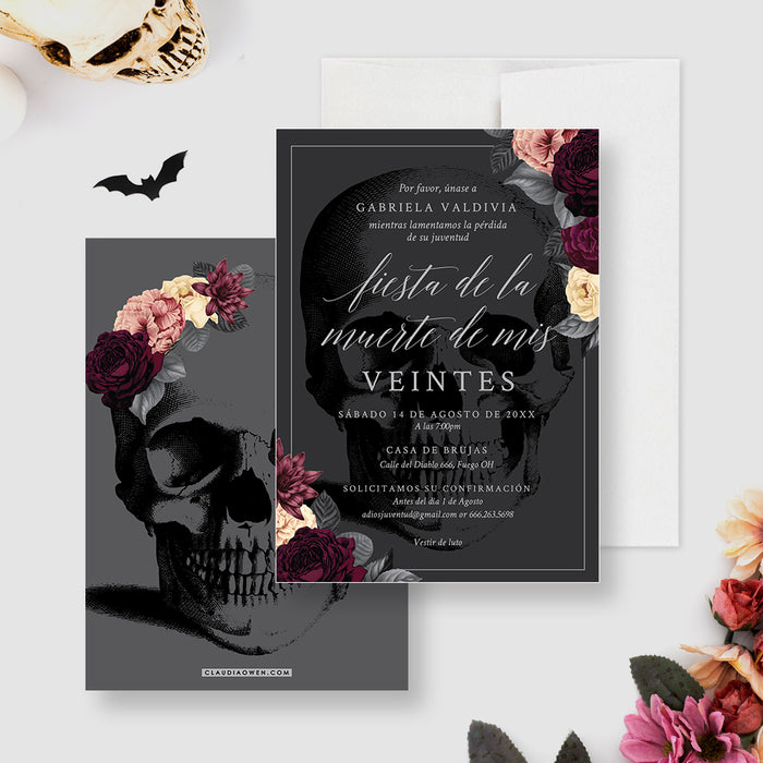 Dark gothic birthday invitation with skull illustration and floral accents for a “Fiesta de la Muerte de Mis Veintes” themed 30th birthday.-front-back