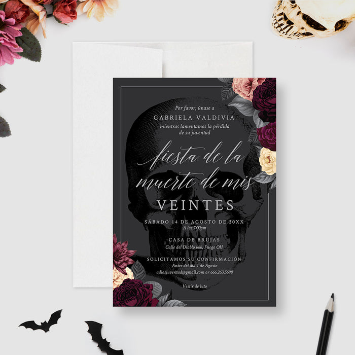 Dark gothic birthday invitation with skull illustration and floral accents for a “Fiesta de la Muerte de Mis Veintes” themed 30th birthday.-front