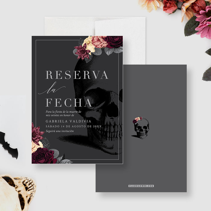 Spanish Death to My 20s save the date card featuring a decorative skull adorned with colorful flowers for 30th birthday celebrations.-front-back