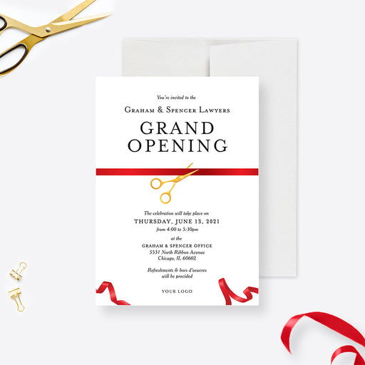 Grand opening invitation with gold colored scissors and a red ribbon on a clean white background.