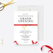 Grand opening invitation with gold colored scissors and a red ribbon on a clean white background.