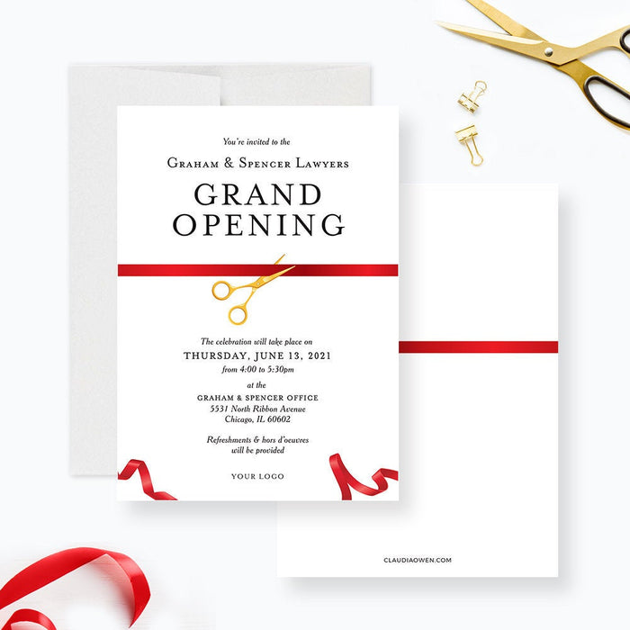 Grand opening ribbon cutting invitation front and coordinating white back with a red ribbon.