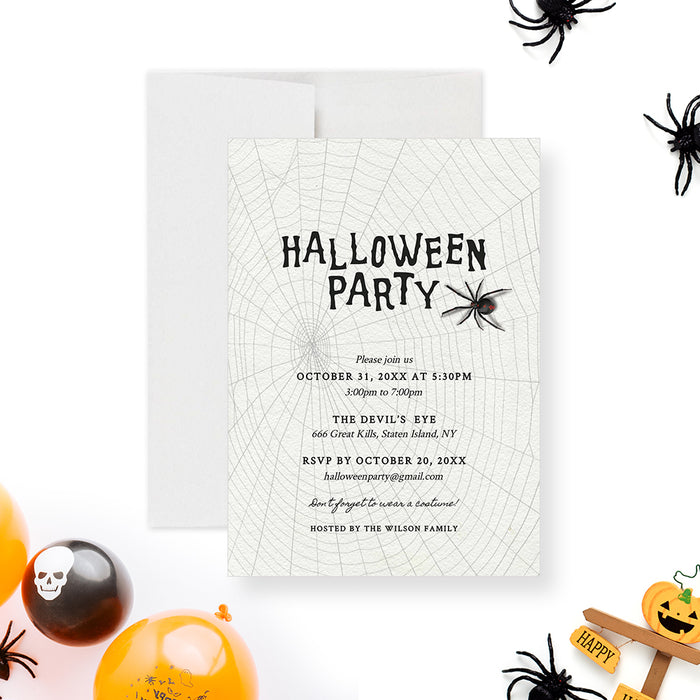 Editable Halloween party invitation with spider web and spider design. Halloween Party text not editable. Digital template for spooky events.