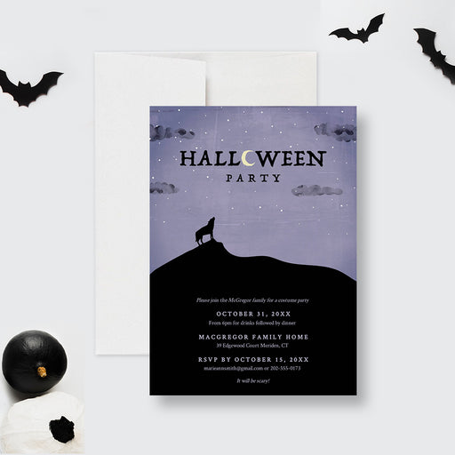 Halloween party invitation template with howling wolf digital download design
