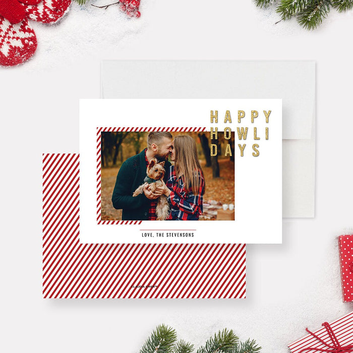 Digital pet Christmas card featuring a custom photo, framed in red striped borders with gold Happy Howlidays text on a clean white background.