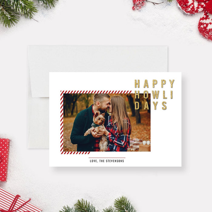 Digital pet Christmas card featuring a custom photo, framed in red striped borders with gold Happy Howlidays text on a clean white background.