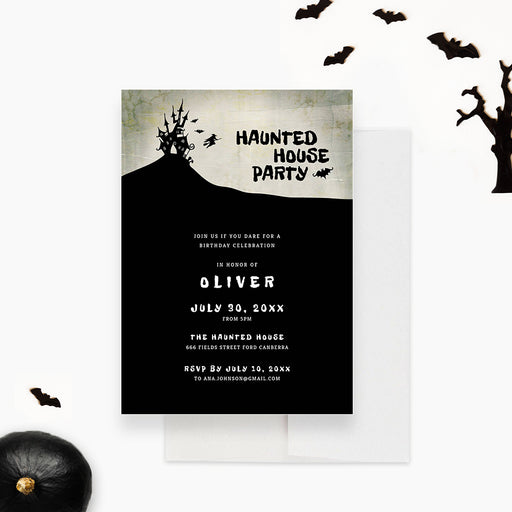 haunted house birthday invitation template with spooky house silhouette, flying witch, bats, and editable Halloween party details