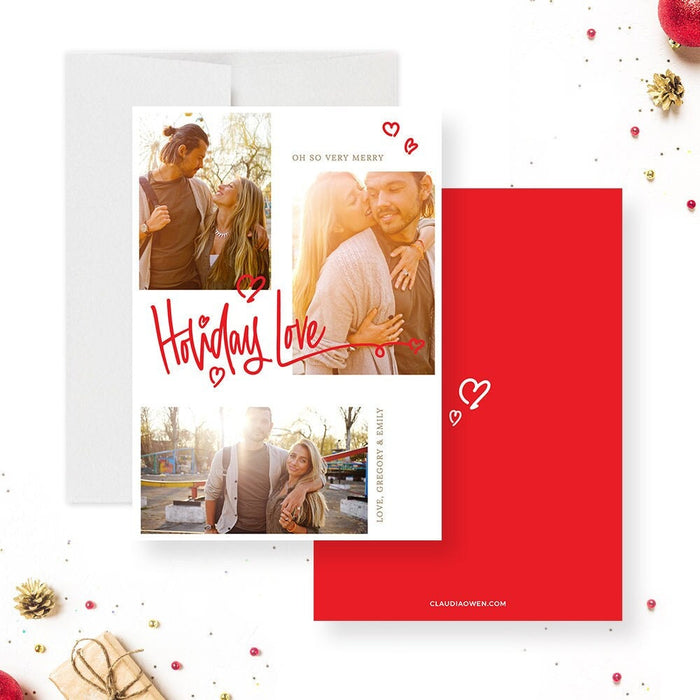 Holiday Love photo card featuring a modern multi-photo layout, bold red script lettering, small heart illustrations and a clean white and red color palette.