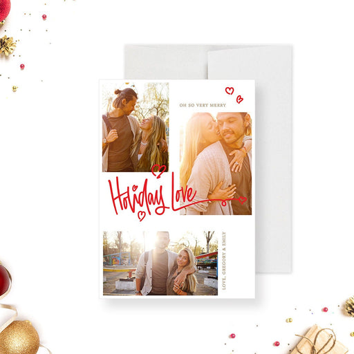 Holiday Love photo card featuring a modern multi-photo layout, bold red script lettering, small heart illustrations and a clean white and red color palette.