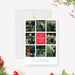 Holiday photo collage card featuring a modern grid layout of nine family images, a bold red center panel for names