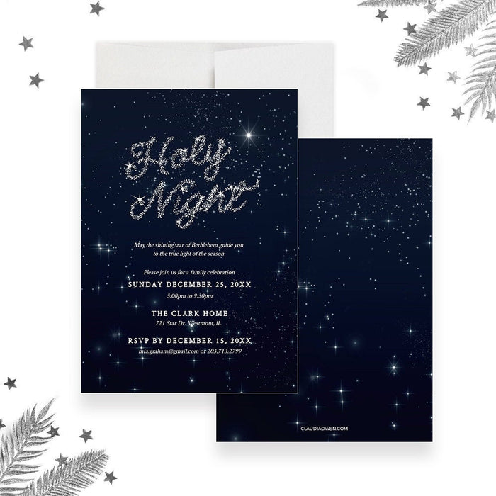 Digital Holy Night Christmas invitation featuring a nativity scene, elegant script text, and a warm holiday design for Christmas parties and celebrations.
