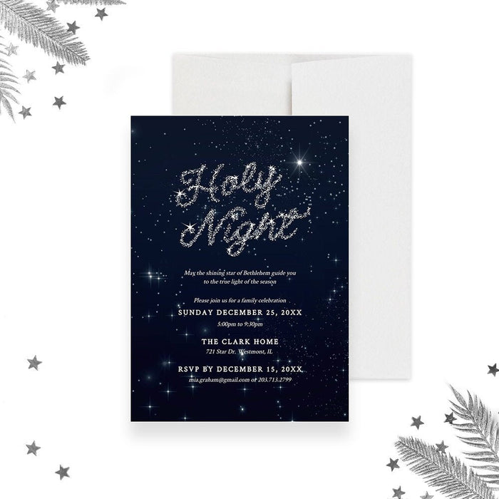 Digital Holy Night Christmas invitation featuring a nativity scene, elegant script text, and a warm holiday design for Christmas parties and celebrations.