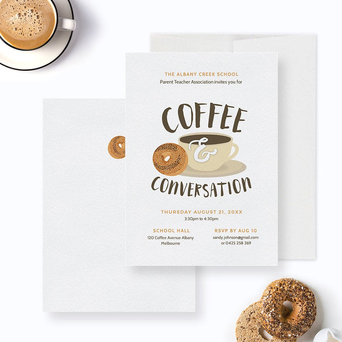 Coffee and Conversation Party Invitation Edit Yourself Template, Coffee and Bagel Printable Digital Download, Breakfast Invite Coffee Cup