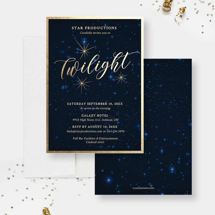 Twilight Invitation Edit Yourself Template, Starry Night Sky Invites Digital Download, Gold Stars Celestial Universe Space Galaxy