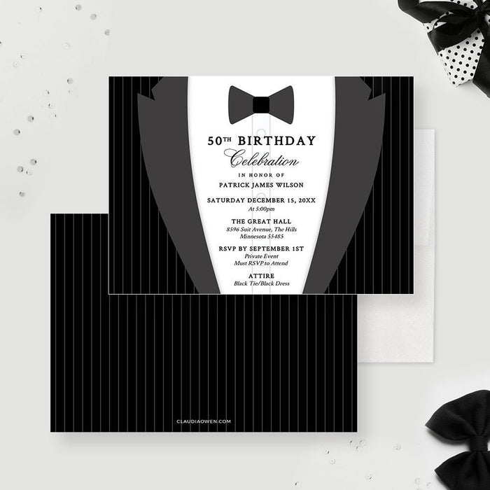 Black Tie Party Invitation Edit Yourself Template, 50th 60th Mens Birthday Tuxedo Party Printable Digital Download, Editable Invitation