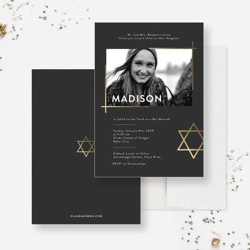 Star of David Bat Mitzvah Party Invitation, Photo Modern Mitzvah Invites, Jewish Religious Celebration