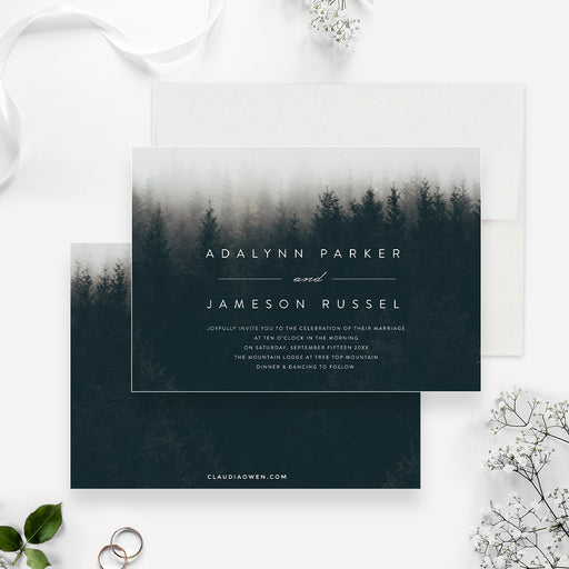 Forest Invitation, In The Woods Wedding, Misty Forest, Winter Celebration Trees Landscape Nature Natural Mist Fog Foggy, Fall Party