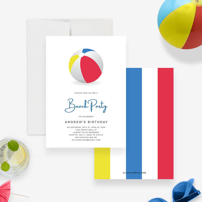 Beach Ball Birthday Party Invitation Party Edit Yourself Template, Summer Party Digital Download, Pool Party Printable invitation Surf Theme