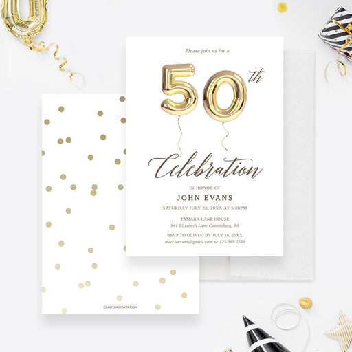 50th Party Invitation Edit Yourself Template, Fiftieth Fifty Birthday Balloon Printable Digital Download, 50th Business Wedding Anniversary
