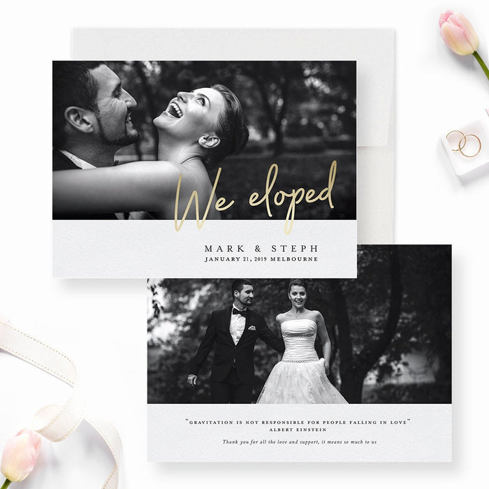 We Eloped Photo Wedding Printed Announcement Cards, Elegant Elopement Cards, Custom Marriage Announcement, Just Married Bride and Groom Card