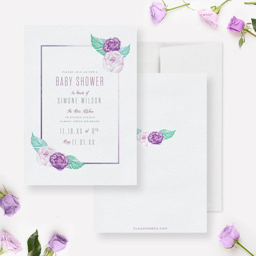 Floral Garden Baby Shower Party Invitation, It&#39;s a Girl Spring Peony Flower Illustrations, Watercolor Floral Invites Purple Shower