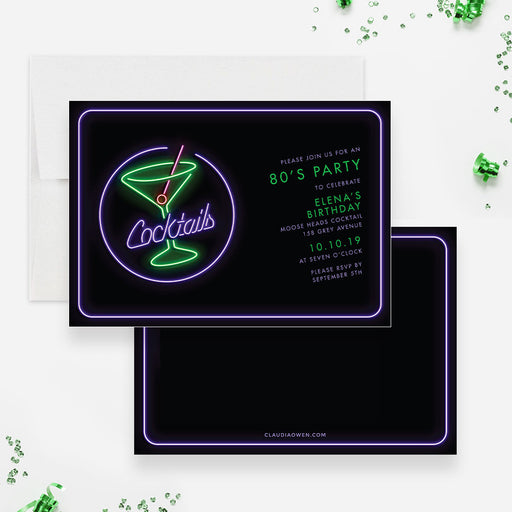 80s Themed Party Cocktail Drinks Invitation 1980s Party Neon Lights, I Love The 80&#39;s Birthday Retro 80s Theme Party Invitation
