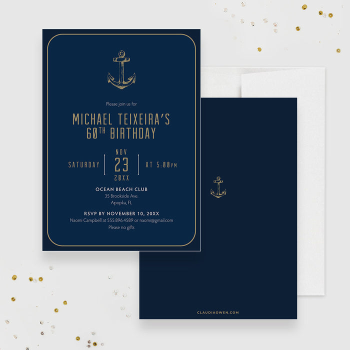 Nautical Themed Birthday Party Invitation, Sea Side Navy Blue Cruise Ship Party Anchor Ocean, Harbour Cruise